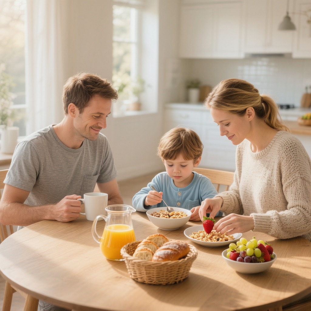 Famille en train de prendre le petit-déjeuner dans une ambiance calme